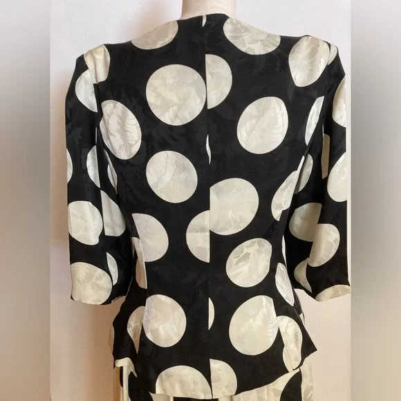Flora Kung Large Polka Dot Black and White 2pc Peplum Floral Midi Ensemble Retro - Picture 14 of 16